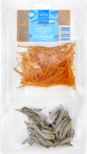 Микс сушено-вяленый WISH FISH Анчоус и кальмар паутинка пряный, 70г, крупный план