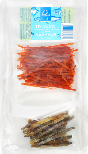Микс сушено-вяленый WISH FISH Путассу соломка и кальмар паутинка, 70г, фотография