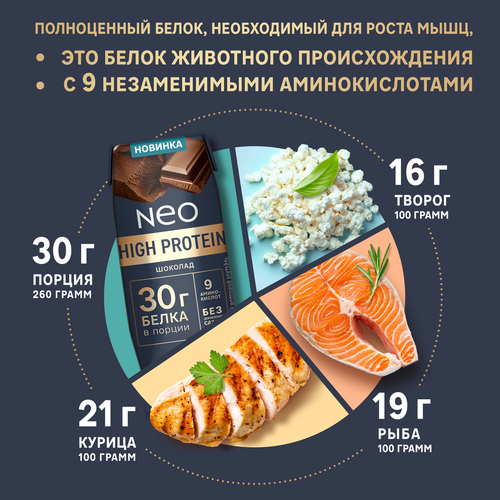 Коктейль молочный NEO Шоколад высокобелковый 0,9%, без змж, 260г, детальное фото