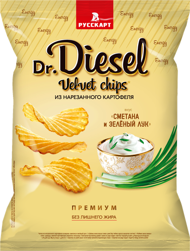 Чипсы картофельные DR.DIESEL со вкусом сметана и зеленый лук, 120г, крупный план