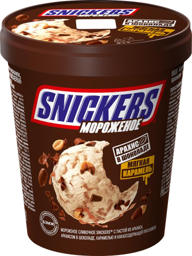 Мороженое SNICKERS Сливочное с пастой из арахиса, арахисом в шоколаде, карамелью и какаосодержащей прослойкой 8,5%, без змж, пластиковый стакан, 288г, фотография