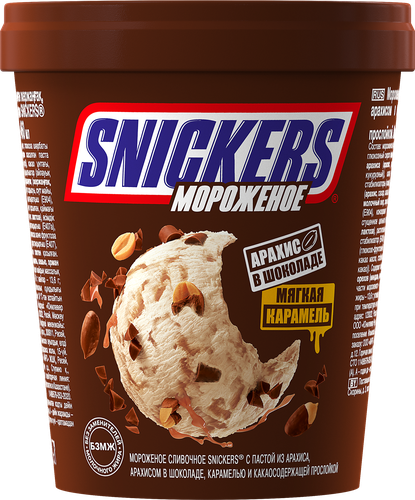 Мороженое SNICKERS Сливочное с пастой из арахиса, арахисом в шоколаде, карамелью и какаосодержащей прослойкой 8,5%, без змж, пластиковый стакан, 288г, крупный план