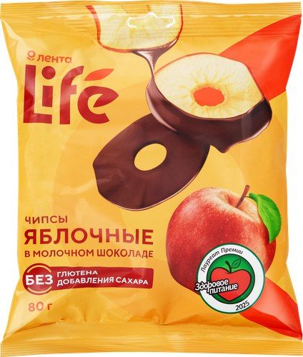 Чипсы яблочные ЛЕНТА LIFE в молочном шоколаде, 80г, вид