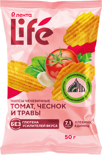 Чипсы чечевичные ЛЕНТА LIFE со вкусом томаты, чеснок и травы, 50г, картинка