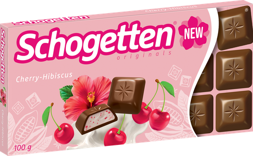 Шоколад молочный SCHOGETTEN с йогуртово-вишневой начинкой и экстрактом цветков гибискуса, 100г, фото