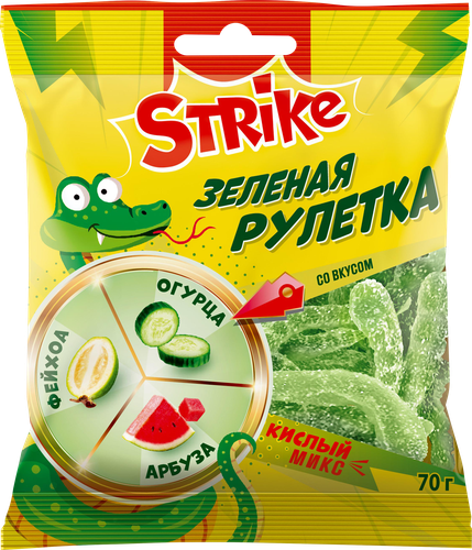Мармелад жевательный STRIKE Зеленая рулетка, огурец/фейхоа/арбуз, 70г, детальное фото