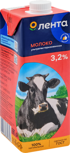 Молоко ультрапастеризованное ЛЕНТА 3,2%, без змж, 1000г, крупный план
