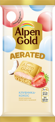Шоколад белый ALPEN GOLD Aerated пористый с клубнично-кокосовой начинкой, 75г, детальное фото