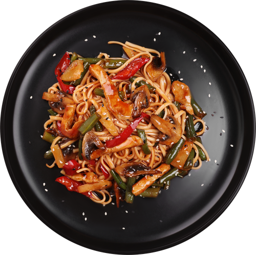 Вырезка свиная WOK в кисло-сладком соусе c яичной лапшой, весовая, крупный план