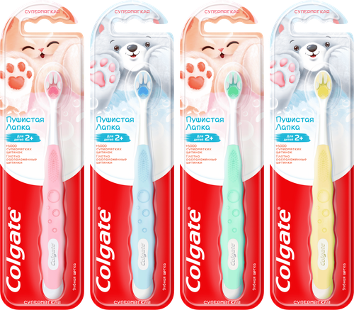 Зубная щетка детская COLGATE Пушистая Лапка супермягкая 2+, крупный план