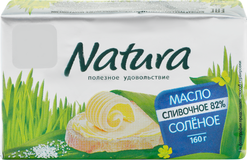 Масло сливочное NATURA соленое 82%, без змж, 160г, крупный план