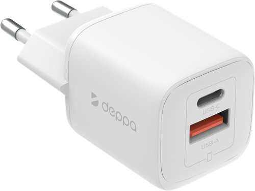 Устройство зарядное сетевое DEPPA USB-C+USB-A, PD 3.0, QC 4.0+, 20W, GaN, белое, Арт. 11490, детальное фото