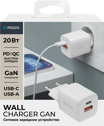 Устройство зарядное сетевое DEPPA USB-C+USB-A, PD 3.0, QC 4.0+, 20W, GaN, белое, Арт. 11490, детальное фото