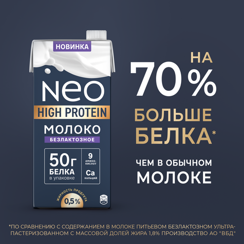 Молоко ультрапастеризованное NEO протеиновое безлактозное 0,5%, без змж, 950г, детальное фото