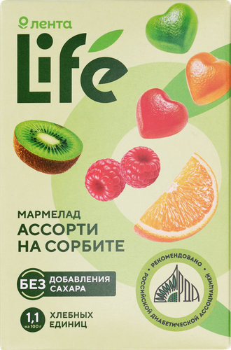 Мармелад желейно-формовой ЛЕНТА LIFE  со вкусом апельсина, малины и киви, на сорбите, 150г, крупный план