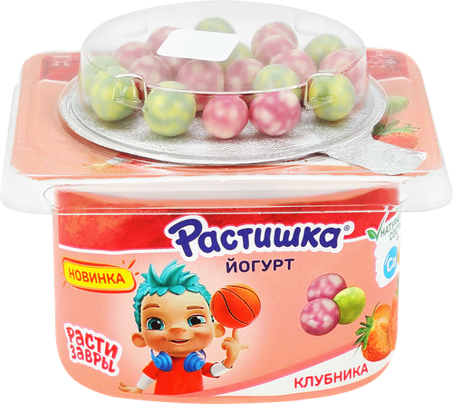 Йогурт РАСТИШКА Клубника злаковые шарики в шоколадной цветной глазури со вкусом черника-банан 3%, без змж, 117г, фотография