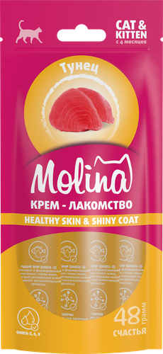 Лакомство для кошек MOLINA с тунцом, для здоровой кожи и блестящей шерсти, 48г, вид