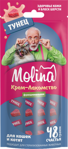 Лакомство для кошек MOLINA с тунцом, для здоровой кожи и блестящей шерсти, 48г, детальное фото