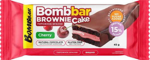 Пирожное протеиновое BOMBBAR с начинкой со вкусом брауни с вишней, 45г, крупный план