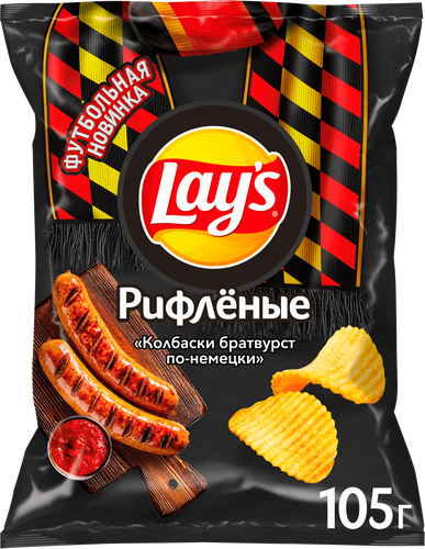 Чипсы картофельные LAY'S Колбаски братвурст по-немецки, рифленые, 105г, крупный план