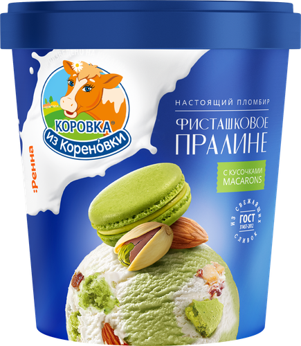 Мороженое КОРОВКА ИЗ КОРЕНОВКИ Фисташковое пралине, пломбир миндальный и фисташковый с кусочками печенья макарон 15%, без змж, пластиковый стакан, 300г, крупный план
