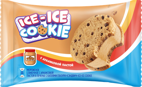 Мороженое ИНМАРКО Ice-ice cookie/Ледяное печенье, сливочное с арахисовой пастой в печенье 8%, без змж, сэндвич, 65г, изображение