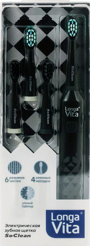 Зубная щетка электрическая LONGA VITA 6 режимов чистки, 4 насадки, черная, изображение