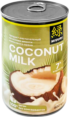 Продукт растительный MIDORI Кокосовое молоко 7%, на основе мякоти кокосового ореха, 400мл, детальное фото