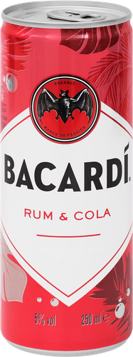 Напиток слабоалкогольный BACARDI Bacardi & Cola, на основе рома Bacardi Carta Blanca и напитка со вкусом колы 5%, 0.25л, крупный план