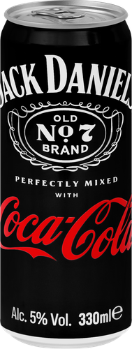 Напиток слабоалкогольный JACK&nbsp;DANIELS Jack Daniel’s & Cola, на основе виски Old №7 Tennessee Whiskey и напитком со вкусом колы 5%, 0.33л, крупный план
