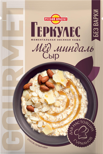 Каша овсяная ГЕРКУЛЕС Gourmet, с сыром, миндалем и медом, 40г, крупный план
