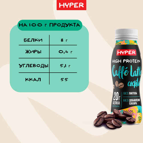 Коктейль молочный ультрапастеризованный HYPER со вкусом Кофе Латте, обогащенный белком безлактозный, без змж, 250г, вид