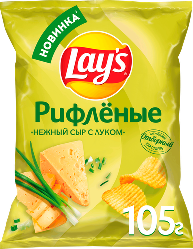 Чипсы картофельные LAY'S Нежный сыр с луком, рифленые, 105г, крупный план