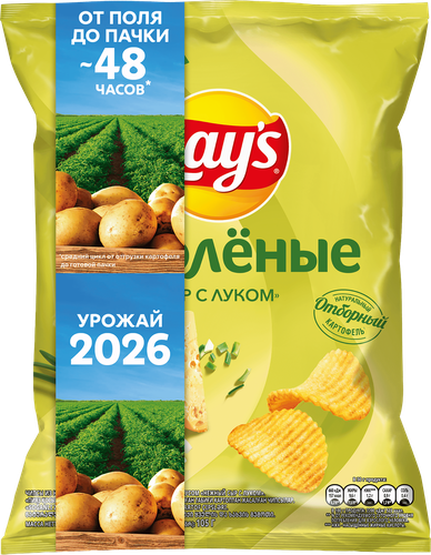 Чипсы картофельные LAY'S Нежный сыр с луком, рифленые, 105г, крупный план
