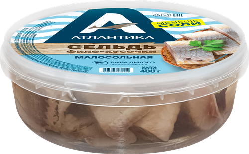 Сельдь малосольная АТЛАНТИКА филе-кусочки в масле, 400г, вид