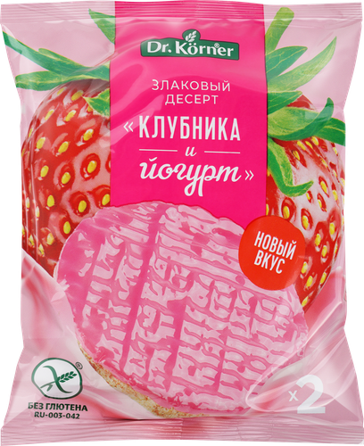 Десерт рисовый DR KORNER Клубника и йогурт, 34г, крупный план