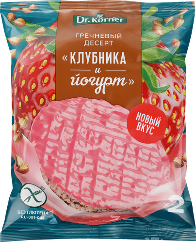 Десерт гречневый DR KORNER Клубника и йогурт, 34г, крупный план