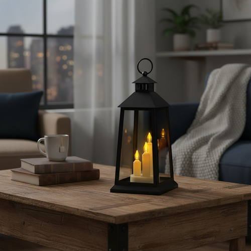 Светильник HOMECLUB Фонарь c 3 LED-свечами, черный, на батарейках 3ААА, IP20, 30см, изображение