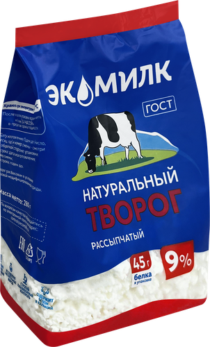Творог рассыпчатый ЭКОМИЛК натуральный 9%, без змж, 280г, фотография