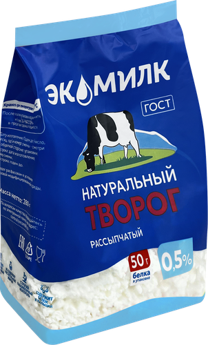 Творог рассыпчатый ЭКОМИЛК натуральный обезжиренный 0,5%, без змж, 280г, изображение