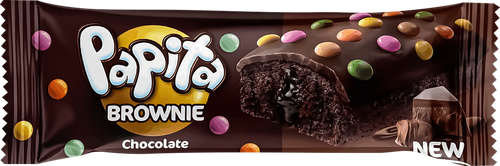 Кекс шоколадный PAPITA Brownie с какао-глазурью, шоколадной начинкой и цветным драже, 40г, вид