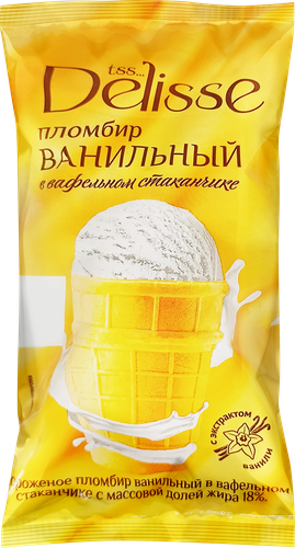 Мороженое DELISSE Пломбир ванильный 18%, без змж, вафельный стаканчик, 70г, фото