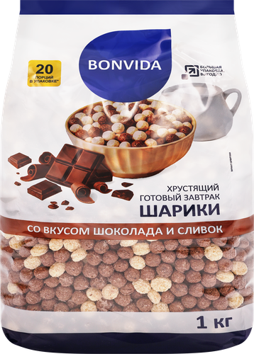 Готовый завтрак BONVIDA Шарики со вкусом шоколада и сливок, 1кг, изображение