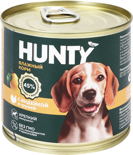 Корм консервированный для собак HUNTY с индейкой и грушей, 240г, крупный план