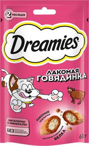 Лакомство для кошек DREAMIES с говядиной, 60г, крупный план