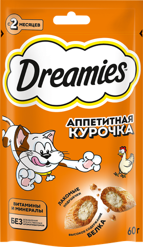 Лакомство для кошек DREAMIES с курицей, 60г, крупный план