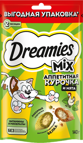 Лакомство для кошек DREAMIES Mix (Микс) Курица, кошачья мята, 140г, детальное фото