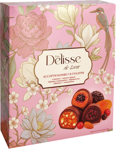 Конфеты DELISSE DE LUXE Ассорти в глазури, клюква с черникой, черная смородина с абрикосом, абрикос с миндалем, 300г, детальное фото