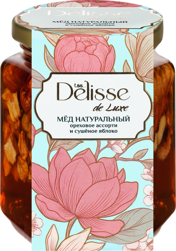 Мед натуральный DELISSE DE LUXE Ореховое ассорти и сушеное яблоко, 225г, вид