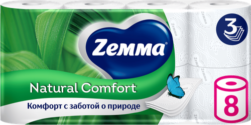 Бумага туалетная ZEMMA Natural Comfort без аромата 3 слоя, 8шт, фото